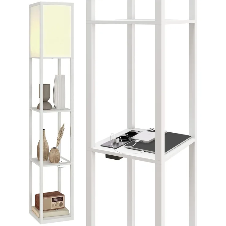 JARDJ Stehlampe mit Ablagen, dimmbarem Licht, Fußschalter und USB-Anschlüssen, Weiß
