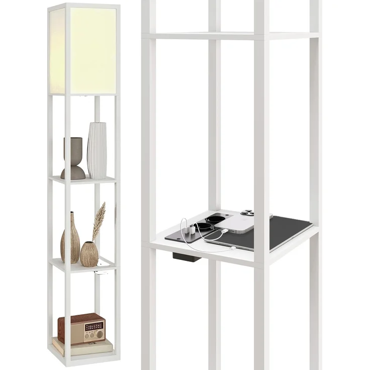 JARDJ Stehlampe mit Ablagen, dimmbarem Licht, Fußschalter und USB-Anschlüssen, Weiß – Bild 1