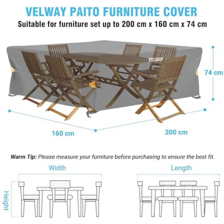 Velway Abdeckung für Gartenmöbel Wasserdicht - 200 x 160 x 74 cm Rechteckig Schutzhülle Winddicht Loungemöbel Abdeckung Abdeckhauben für Gartentische Sitzgruppe Terrassenmöbel Schwarz – Bild 3