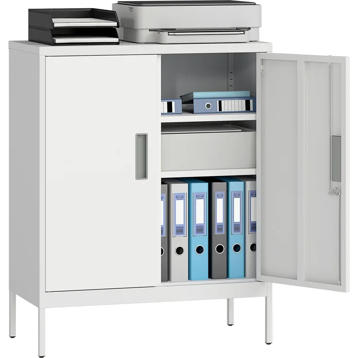 Verschließbarer Stahlschrank mit 2 Türen, Büroschrank, verstellbare Regale, für Homeoffice, Wohnzimmer, Garage, Weiß--Weiß--100x40x80cm--YOUDENOVA