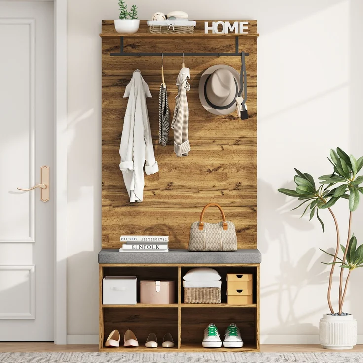 Garderobenset mit Schuhbank, verstellbarem Regal und Kleiderstange, 84x35x175 cm, Eiche – Bild 4