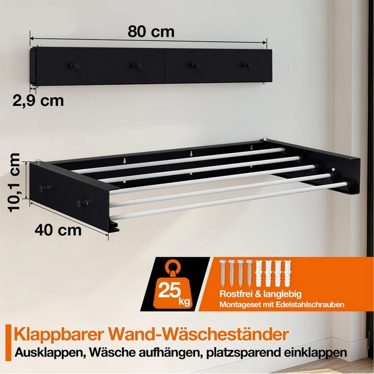Clanmacy Wandwäschetrockner 80 cm Klappbarer Wäscheständer, Wandtrockner Schwarz mit 5 Stangen – Bild 2