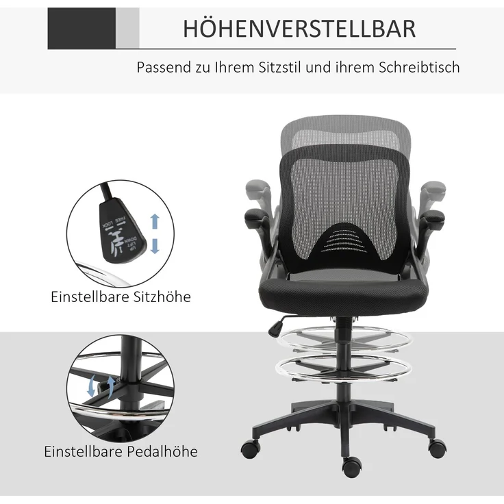 MELAYR, Bürosessel, Schreibtischstuhl, Stehfunktion, mit Fußablage, drehbarer Sitz, Stahl, schwarz, 64 x 60 x 106-126cm – Bild 6