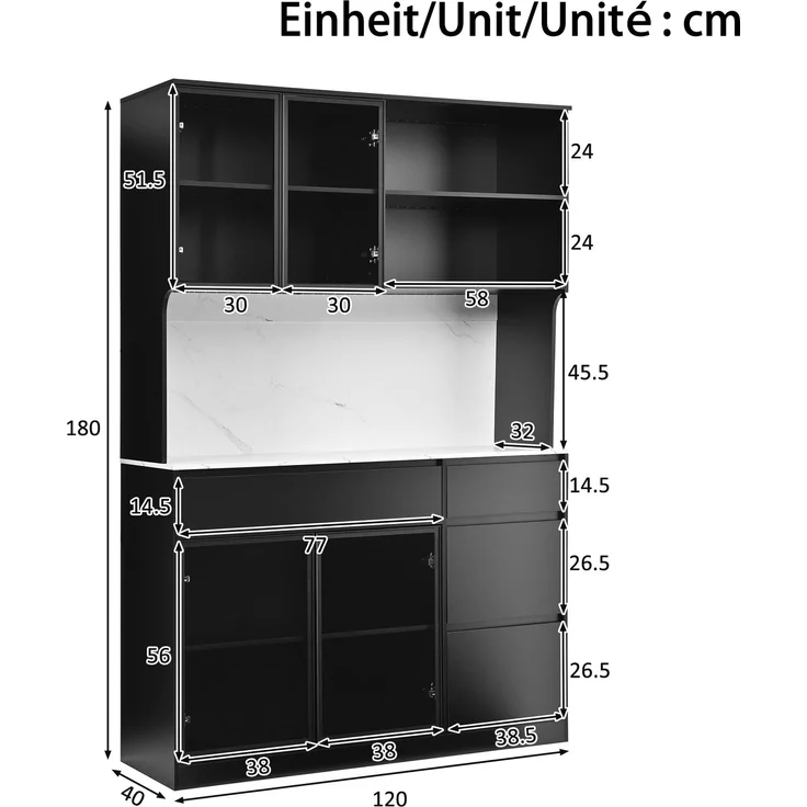 ZUBALIYA Vitrine, mit Schubladen, mit Stauraum, mit LED-Beleuchtung, H 180 × T 40 × B 120 cm, Schwarz / Weiß, MDF – Bild 3