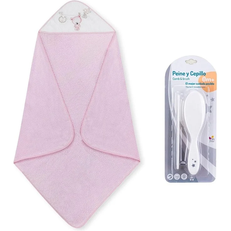 Interbaby P1182-02 Baby Kapuzenbadetuch TENDEDERO OSO rosa mit Kamm und Bürste, Rosa – Bild 1