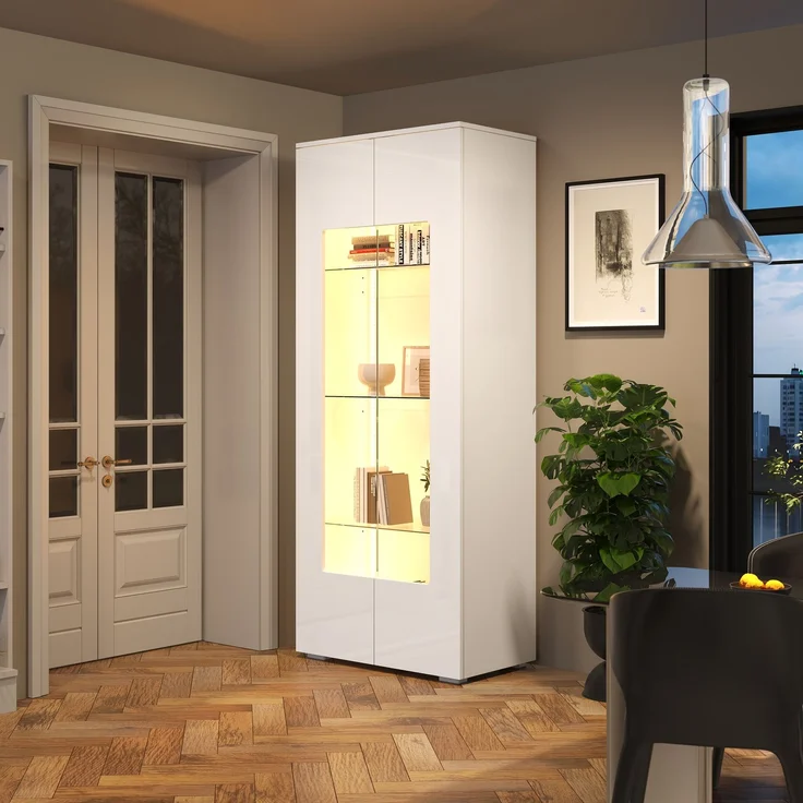 70*40*173cm Wohnzimmervitrine,Vitrine mit 2 Acryltüren,Hochglanzvitrine mit LED-Lichtleiste,Tragender Schrank aus gehärtetem Glas,Wohnzimmer breiter Schrank, Hochschrank,MDF, weiß – Bild 1