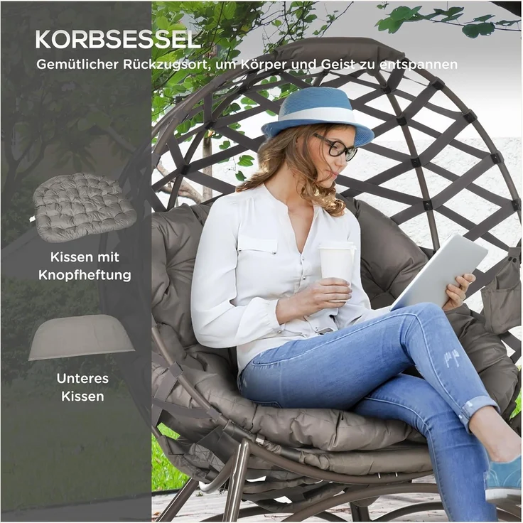 Outsunny Sitzgruppe Gartenstuhl-Set, (Set, 2-tlg, Gartenstuhl-Set), Korbstuhl mit 2-in-1-Hocker – Bild 5