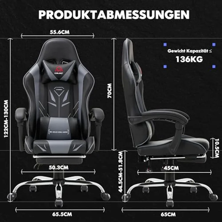 COLAMY Gaming Stuhl, Computer Stuhl mit Fußstütze und Lendenwirbelstütze, höhenverstellbarer Gaming Chair mit 360°-Drehsitz und Kopfstütze, Video Gamer PC Stuhl, Ergonomische hohe Rückenlehne, Grau – Bild 4
