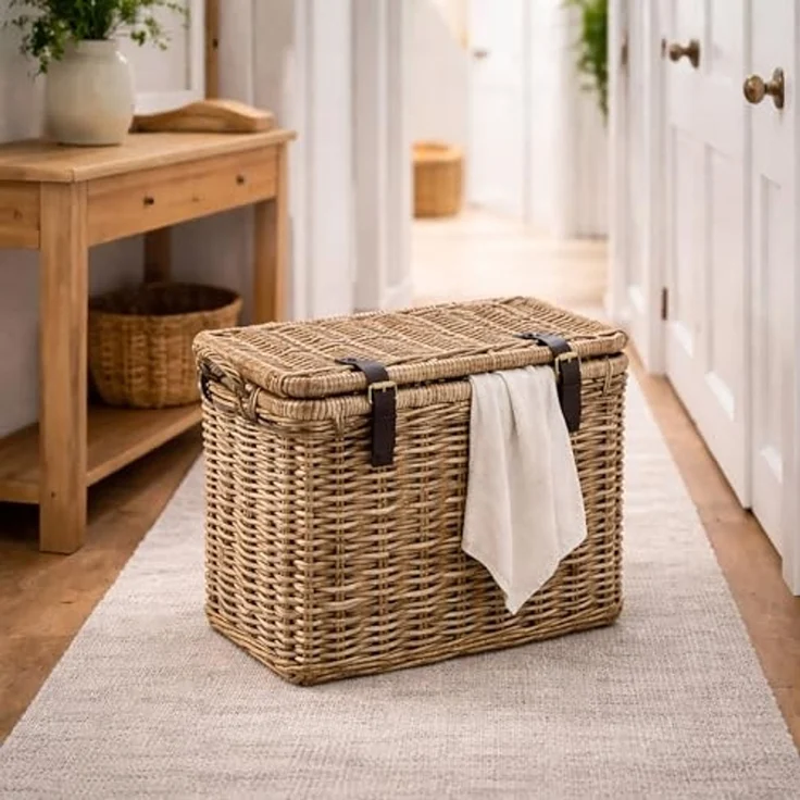 Kobolo Aufbewahrungskorb Universalkorb Korb Truhe aus Rattan mit Deckel Griffen und Lederriemen (Einzelstück, 1 St, 1 Stück), Ordnungssystem mit viel Stauraum – Bild 2