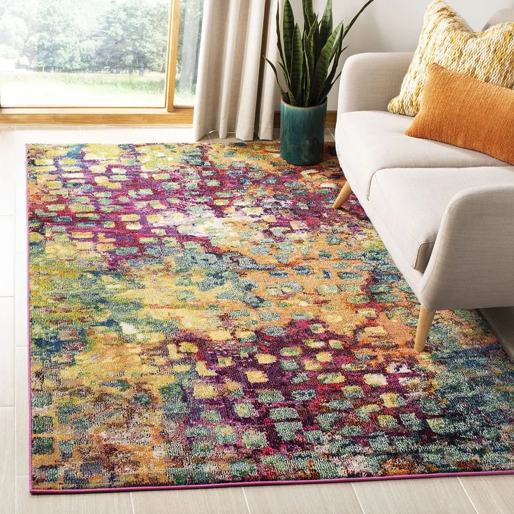 SAFAVIEH Boho Teppich für Wohnzimmer, Esszimmer, Schlafzimmer - Monaco Collection, Kurzer Flor, Pink und Multi, 91 X 152 cm