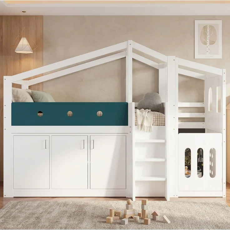 Halbhohes Kinderbett 90x200 cm in Hausform mit Spielbereich und Stauraumschrank – weiß – Bild 3