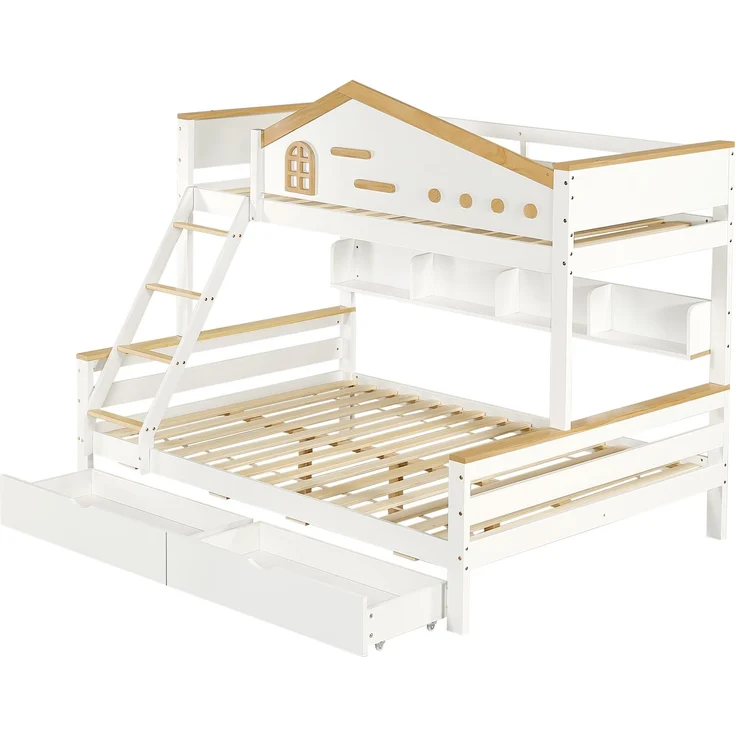 Etagenbett 90×200 & 140×200 – Offenes Regal, 2 Schubladen, vierstufige Schrägleiter, rundum Fallschutz,Massivholz & MDF – Weiß & Natur – Bild 8