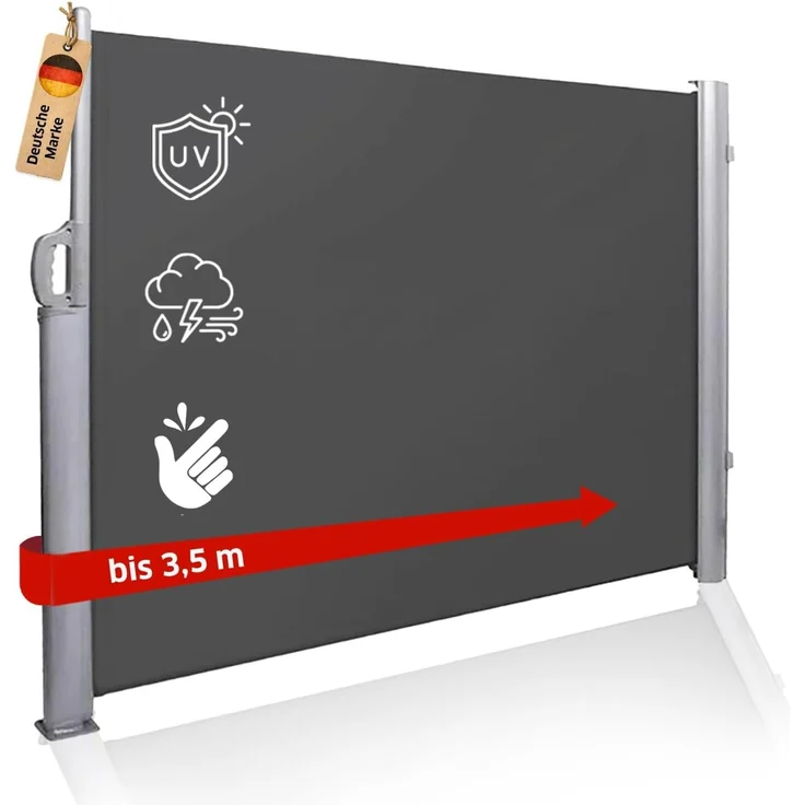 NOOR Seitenmarkise Exklusiv 100x350 cm Anthrazit I Der ideale Sichtschutz für Balkon, Terrasse & Garten I Sonnenschutz/Regenschutz/Windschutz inkl. Befestigungen I Imprägniert und wasserabweisend – Bild 1