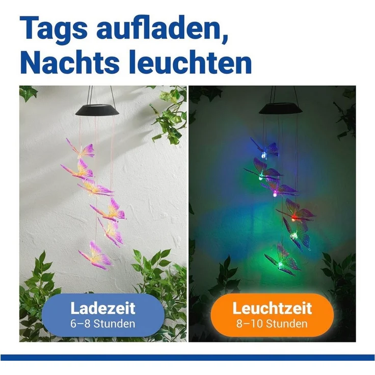 Maximex LED Gartenleuchte Modell Schmetterling, Ein-/Ausschalter, LED fest integriert, Extra-Warmweiß, solarbetriebenes Windspiel mit farbwechselnden LEDs – Bild 2