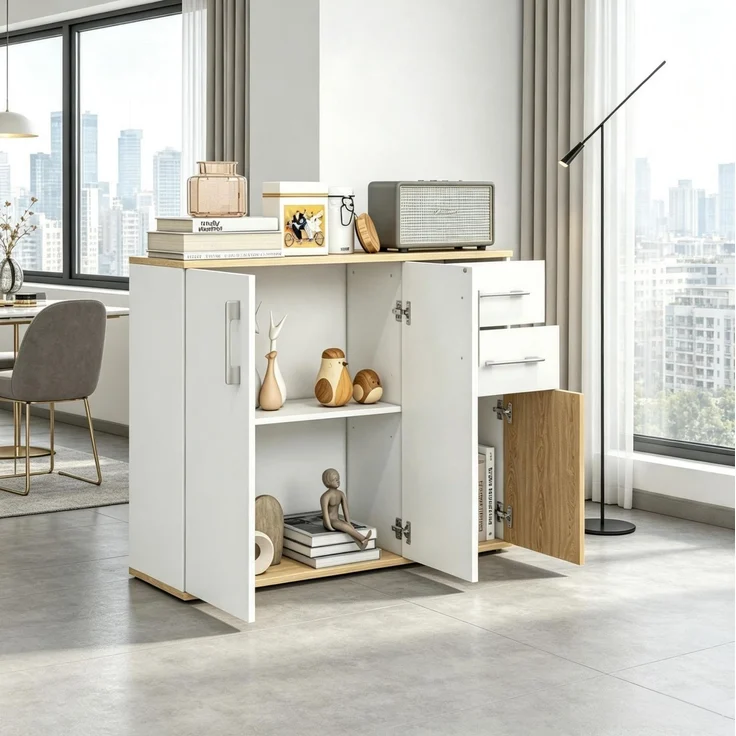 DESVIAE Sideboard Weiß/Natur aus Spanplatte – 90x75,5x30 cm – 2 Schubladen, verstellbarer Einlegeboden – Bild 3