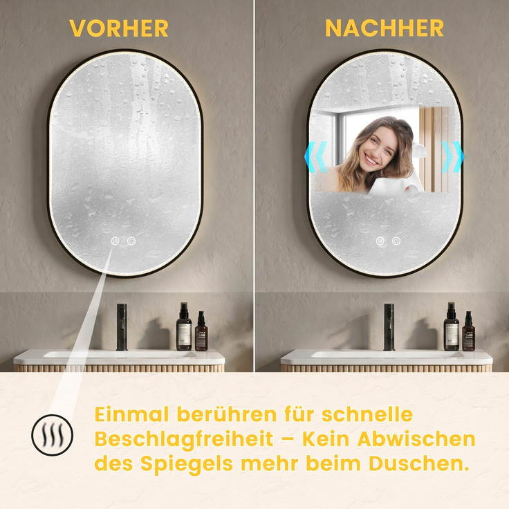 50×80 cm ovaler Badezimmerspiegel mit LED-Beleuchtung, Antibeschlagfunktion, 3 einstellbaren Farbtemperaturen und einstellbarer Helligkeit, mit Diamanten und schwarzem Rahmen--Schwarz--50x80x4cm--YOUDENOVA – Bild 2