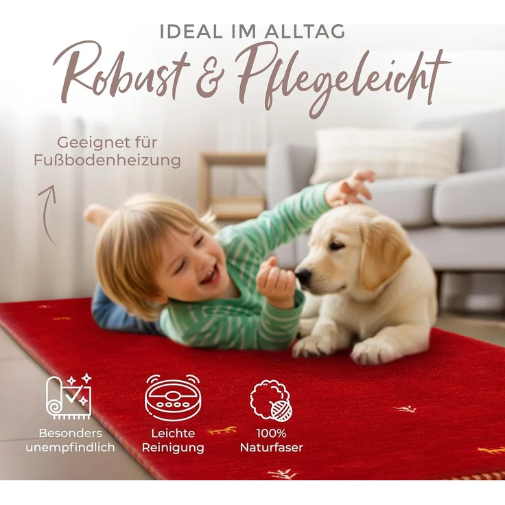 carpetfine 'Gabbeh Uni' Wollteppich, reine Wolle, Rot, 80 x 300 cm – Bild 5