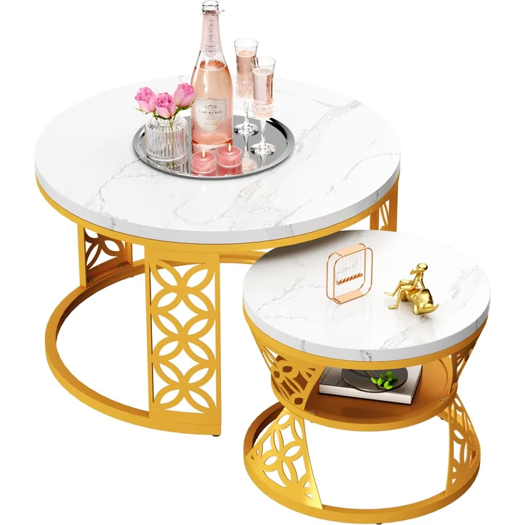 2er-Set Couchtisch nestbar 70x70x45 + 45x45x37 cm, Marmor-Furnier, Kontrastfarbendesign – Bild 9