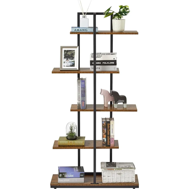 Meerveil Bücherregal, Standregal, 5 Lagiges Asymmetrisches Split-Level Lagerregal, Retro-Industrie Stil Ausstellungsregal, Offene Regalebene, für Wohnzimmer Büro Schlafzimmer, 74 x 28 x 145 cm, Braun