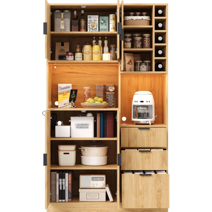 Küchen-Buffetschrank 105x40x180 cm in Natur, mit LED, Steckdosen, 3 Schubladen und Weinregal – Bild 7