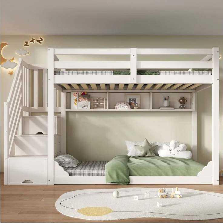 OKWISH Hochbett Bett 90x200 cm mit Treppenschrank und Stauraum, weiß (Etagenbett, 1-St, für Geschwister mit Sicherheitsgeländer und Ablagefächern) platzsparendes Holz Kinderbett (ohne Matratze) – Bild 1