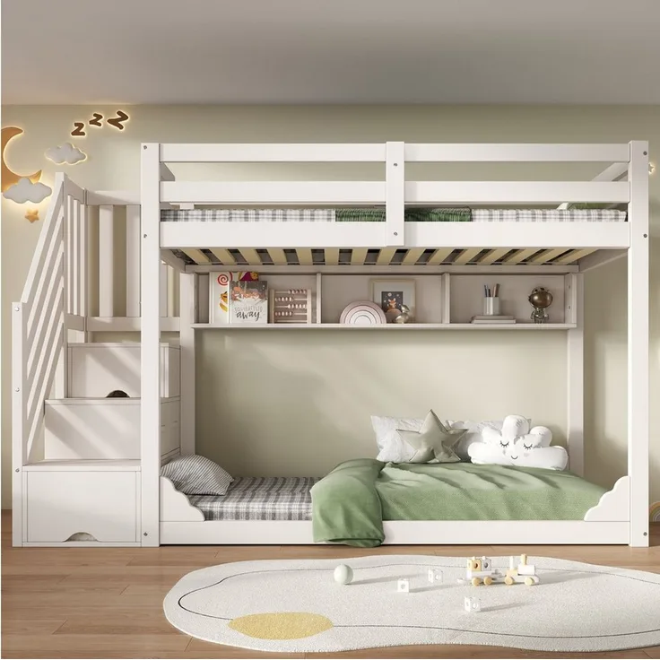 OKWISH Hochbett Bett 90x200 cm mit Treppenschrank und Stauraum, weiß (Etagenbett, 1-St, für Geschwister mit Sicherheitsgeländer und Ablagefächern) platzsparendes Holz Kinderbett (ohne Matratze)
