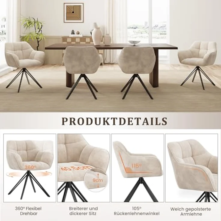 COLAMY Drehstühle für Esszimmer, 6er Set, Drehbare Polsterstühle mit Armlehnen und Rückenlehne, Bequeme Küchenstühle für Wohnzimmer & Essbereich, Beige – Bild 6