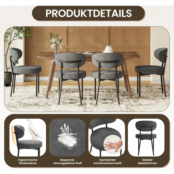COLAMY Esszimmerstühle 2er Set mit 10 cm Sitzpolster – Moderne Polsterstühle aus kuscheligem Teddy-Stoff, mit robustem Metallgestell – Für Küche & Wohnbereich, Grau – Bild 5