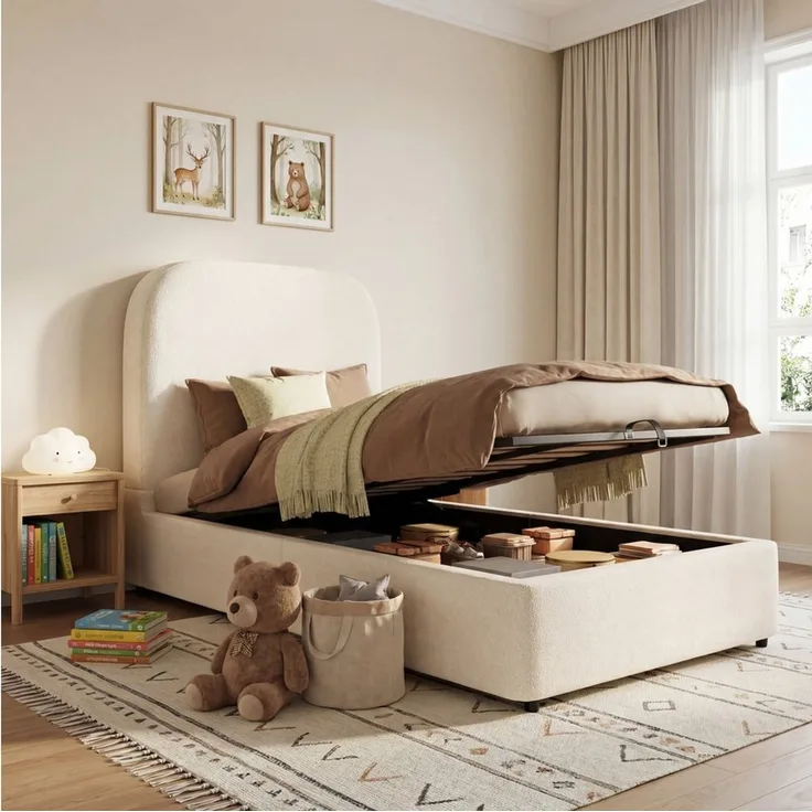 MODFU Polsterbett 90x200 cm mit Stauraum aus Bouclé, Beige (Packung, 1-tlg, Mit Lattenrost & Kopfteil, großem Stauraum, hydraulisch), Gepolstertes Kopfteil, ideal als Kinder- & Einzelbett(ohne Matratze)