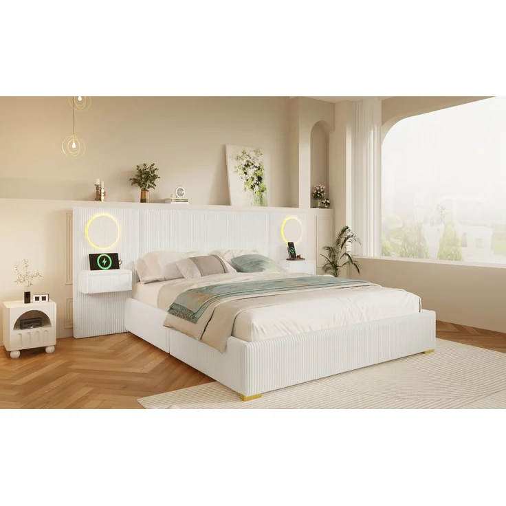 U-life Samtstoff Polsterbett 180x200 cm, fürs Schlafzimmer, USB-Anschlüssen, Samt, Beige – Bild 8