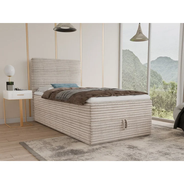 Boxspringbett Mollo Mini mit Bettkasten und Matratzentopper - Einzelbett mit Bonell-Matratze und Topper, Polsterbett in weichem Cordstoff, Bett, Schlafzimmer (Beige (Tilia 03), 90 x 200 cm) – Bild 5