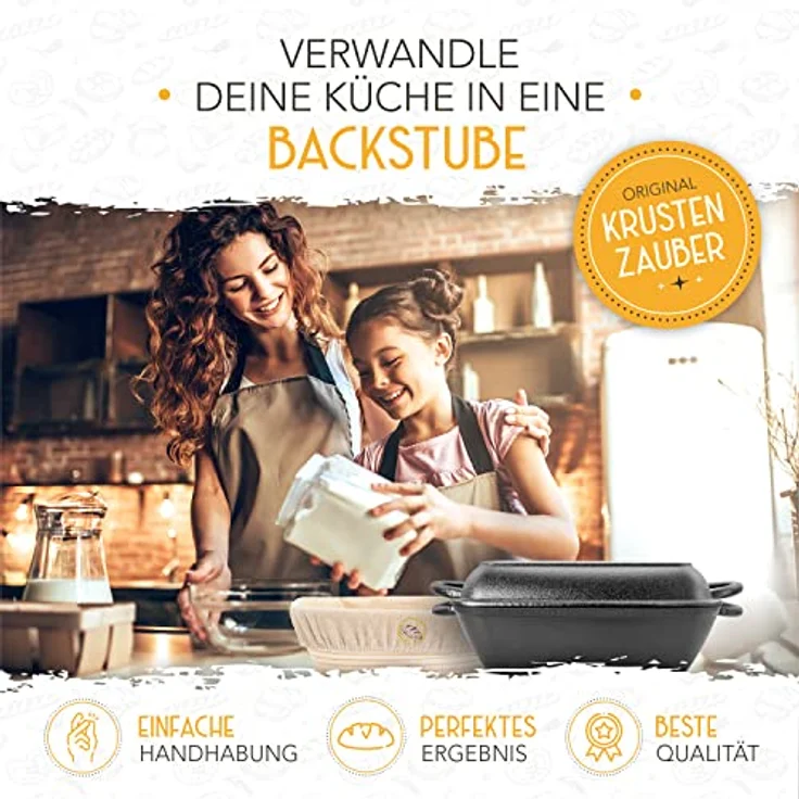 Krustenzauber Brotbackform 30cm Gusseisen Bräter mit Deckel backofengeeignet inkl. Gärkorb, (eckiger Topf Brot Backen - Ideal als Ofenform), Induktion, Brotbacktopf, Zubehör – Bild 3