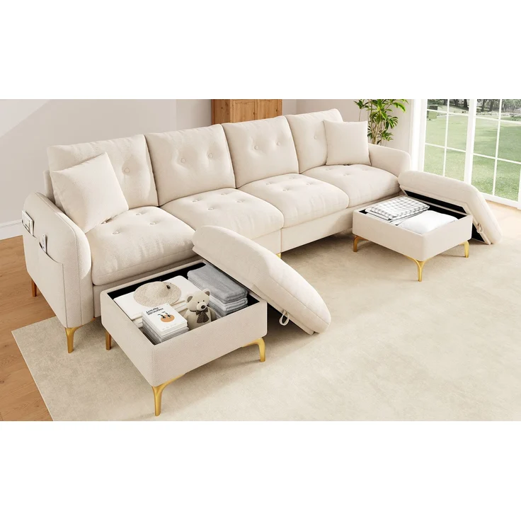 ZUBALIYA SchlafSofa mit Stauraum, mit Chenille - Bezug, mit Samtbezug, mit Knopfheftung, mit breiten Armlehnen, Beige – Bild 7