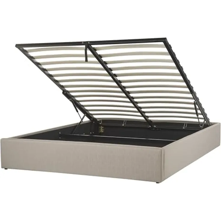 Polsterbett Leinenoptik beige mit Bettkasten hochklappbar 160x200 cm DINAN