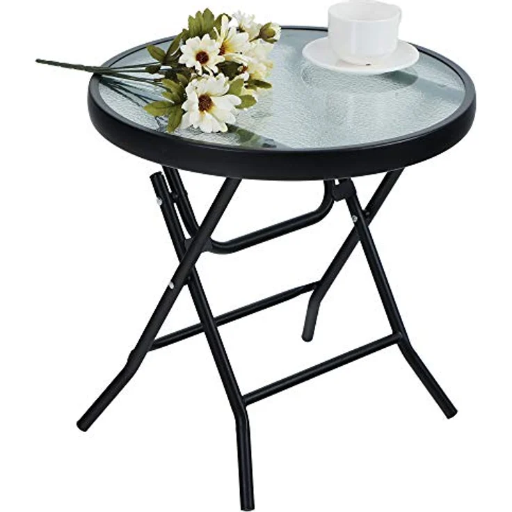PHI VILLA Klappbar Runder Beistelltisch Glas aus Metall Gartentisch Kaffeetisch Klein Balkontisch wetterfest pflegeleicht für Balkon Garten Terrasse Wohnzimmer – Bild 2