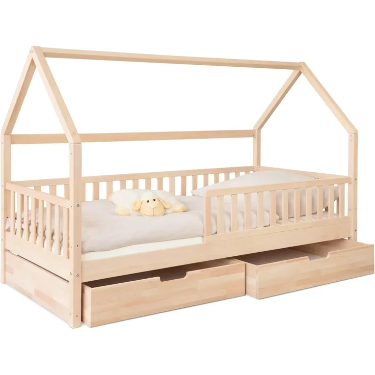 Ehrenkind Hausbett aus massiver Buche in verschiedenen Größen, FSC® zertifiziert (Montessori Kinderbett, Jugendbett aus massivem und nachhaltigem Buchenholz, 90x200), höhenverstellbar