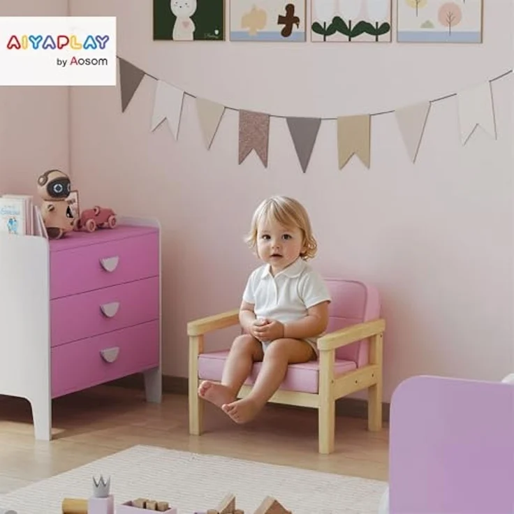AIYAPLAY Kindersessel mit Holzrahmen, Cordoptik (Kindersofa, 1-St, gepolsterter Kinderstuhl), für Kinder von 3-8 Jahren, für Kinderzimmer, Spielzimmer, Rosa – Bild 2