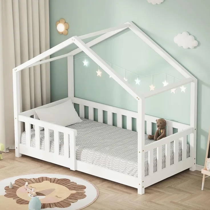 ML-DESIGN Spielbett Hausbett Kinderbett inkl. Lattenrost & Rausfallschutz Kinder Bodenbett, Abenteuerbett 70x140cm Haus Bett Himmelbett Kiefer Jugendbett Weiß