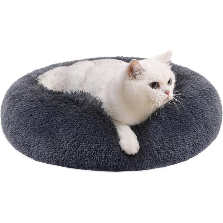 Feandrea Hundebett flauschig, Katzenbett, Donut Kissen, waschbar, Polsterung in der Mitte herausnehmbar, Langer Plüsch, 50 cm Durchmesser, dunkelgrau PGW037G02