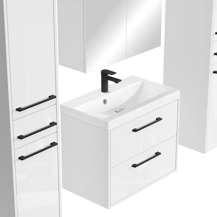 Badplaats Badmöbel Komplettset Florence XL 60 x 35 cm Hochglanz Weiß - Badezimmermöbel mit Waschbecken, Spiegelschrank und 2 Hochschränke – Bild 4