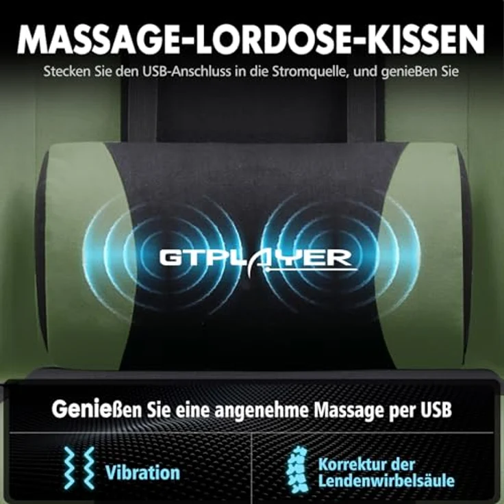GTPLAYER Gaming Stuhl, Bürostuhl, Ergonomischer Pc Stuhl, Gaming Sessel mit Massagelendenwirbelstütze, Task Stühle mit Fußstütze und Kopfstütze, Grün Stoff – Bild 5