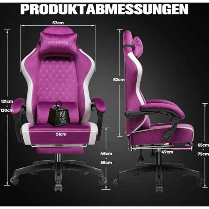 GTPLAYER Gaming Stuhl Ergonomischer, PC Stuhl Atmungsaktiver Stoff, Groß und Hoch Drehbarer Schreibtischstuhl mit Fußstütze,Verstellbare Lendenwirbelstütze und Kopfstütze,Lila – Bild 3