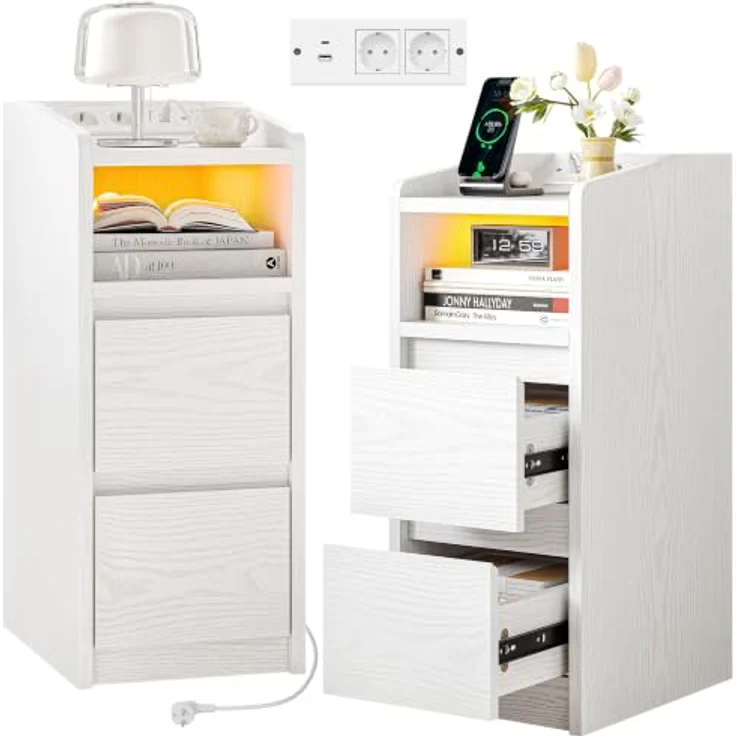 IRONCK Nachttisch Schmal (2, Weiß) | Bedside Table mit Offenem Fach für Schmale Räume Schlafzimmer, Wohnzimmer, 2 Schubladen,2 AC-Steckdosen,USB+Typ-C Anschlusse – Bild 1