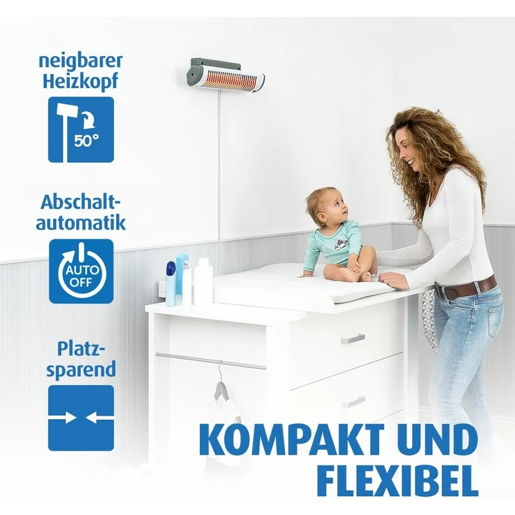 Reer 'EasyHeat' Wickeltischstrahler, Heizstrahler mit Wandhalterung, Wärmelampe fürs Baby, kompaktes Design, weiß/grau, 46x12 cm (BxH) – Bild 5