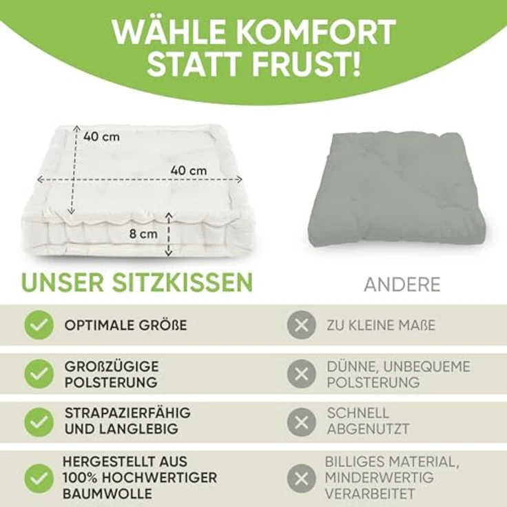 Gräfenstayn Sitzkissen 4er Set 40x40 cm mit 8 cm Polsterung aus 100 % Baumwolle -, robustes Sitzkissen für Indoor & Outdoor, bequemes Bodenkissen – Bild 8