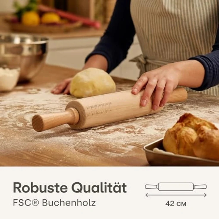 Praknu Nudelholz Nudelholz - Teigroller aus FSC® Buchenholz - Mit Maßeinteilung Buchenholz, (1-tlg), Teigroller aus nachhaltigem FSC Holz, Für gleichmäßiges Ausrollen – Bild 2