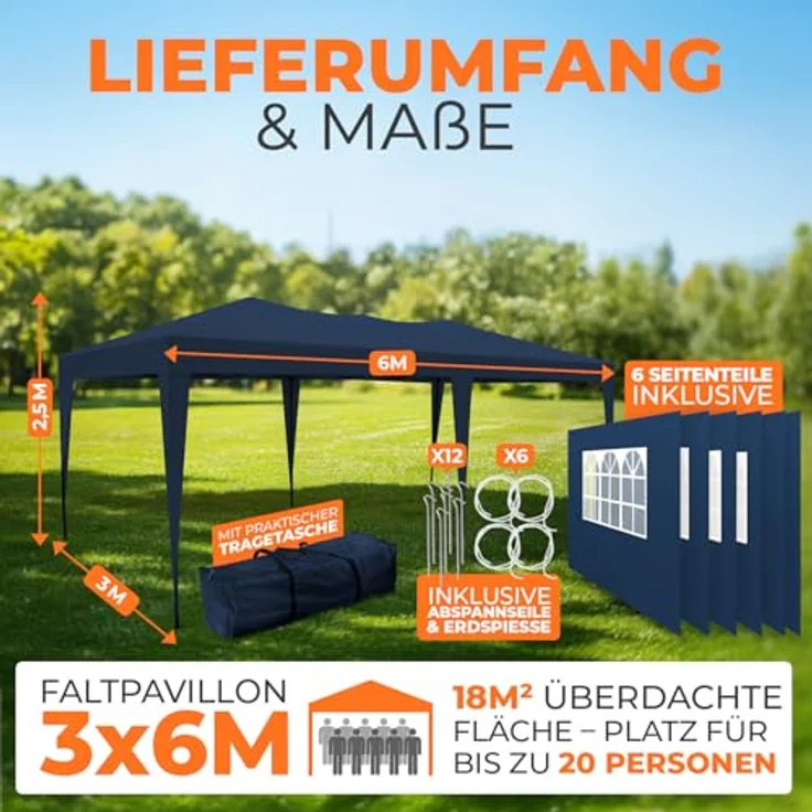 Kronenburg Faltpavillon wasserdicht Pavillon mit 6 Seitenteilen, Gartenzelt, 3x6 m - mit UV Schutz 50+, Blau – Bild 3