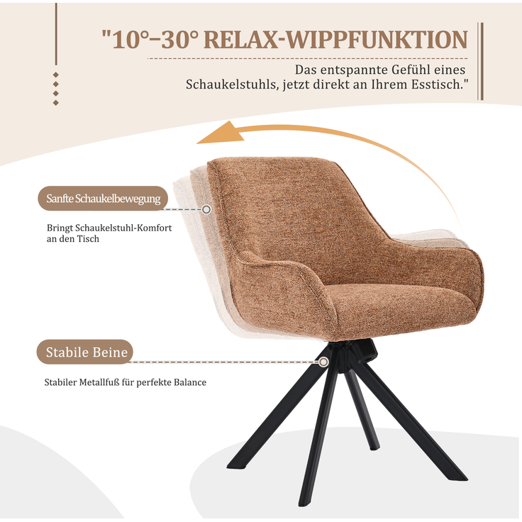 GOEURVANT 2178 Esszimmerstühle 4er-Set mit Armlehnen, 360° Drehbar, Wippfunktion, Chenille - Orange – Bild 9