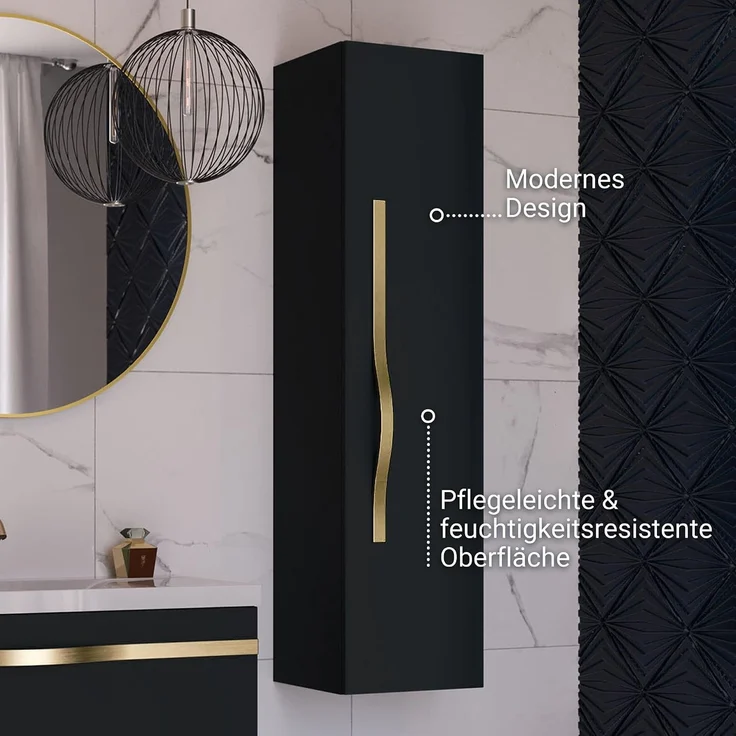 BADEDU FILS Hochschrank 33 cm breit, Schwarz, Griff Gold – Bild 5