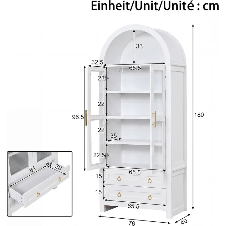 Standvitrine 76 x 40 x 180 cm mit Glastüren, LED-Beleuchtung und 2 Schubladen – Bild 4